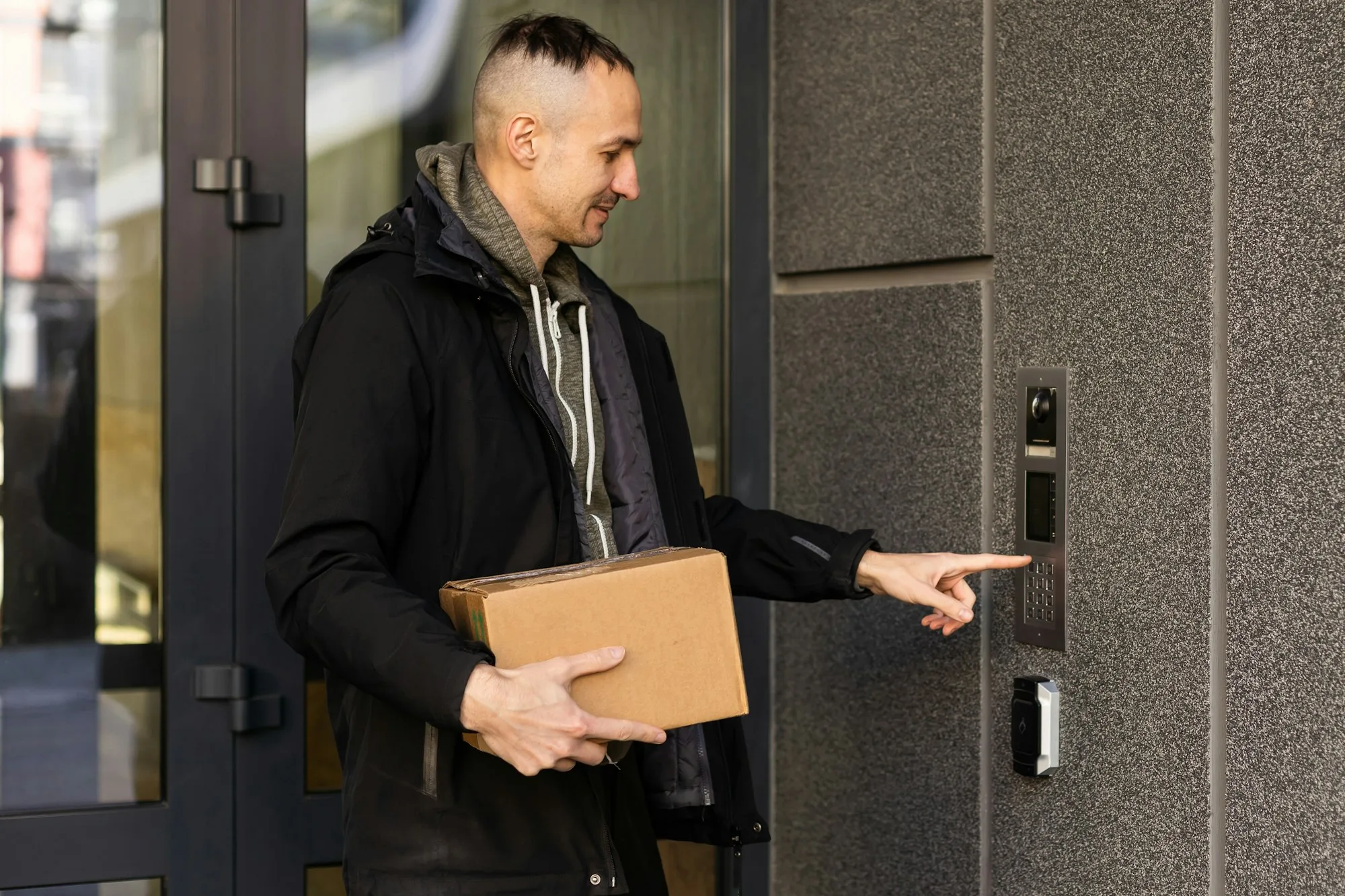 Happy man ringing intercom with camera in entryway.